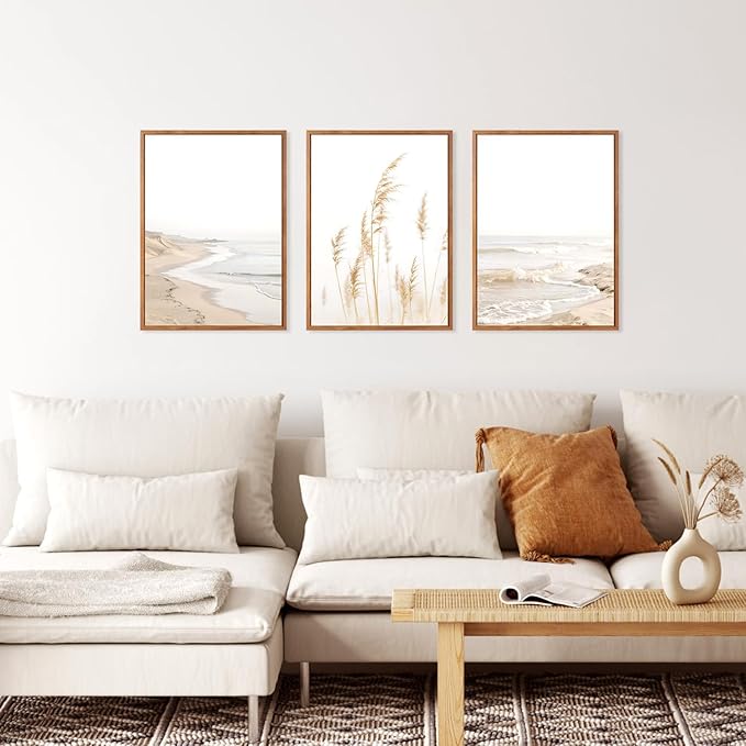 HPNIUB Modern Beach Artwork Seascape Wall Art, Seaside Framed Painting Reed Pathway Picture, Minimalist Neutral Coastal Landscape Wall Decor for Living Room,Bathroom(Set of 3,12X16 Inch)