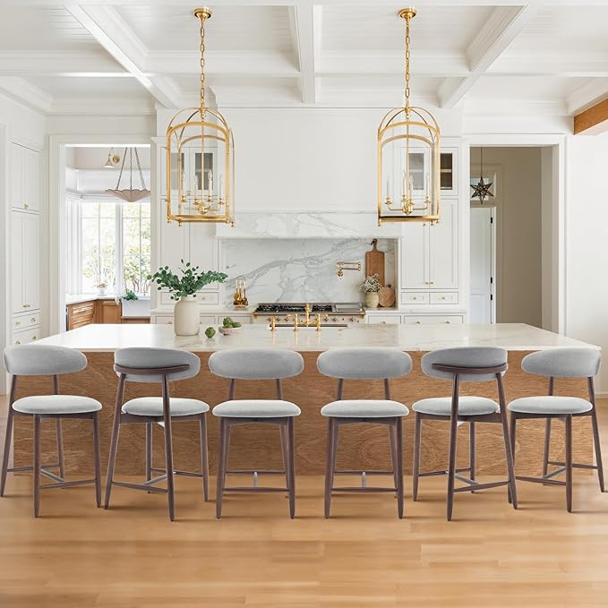 COLAMY Upholstered Counter Height Bar Stools Set of 6, Kitchen Island Stools with Back, Modern Counter Stools Island Bar Chairs with Wood Legs for Kitchen Island Dining Room Bar, Light Grey