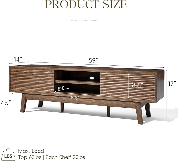 MU 59 Inch TV Stand for TVs up to 65 Inch, Mid Century Modern TV Console with Fluted Sliding Doors & Shelves, Low Profile Entertainment Center for Bedroom, Living Room (Walnut, 59")