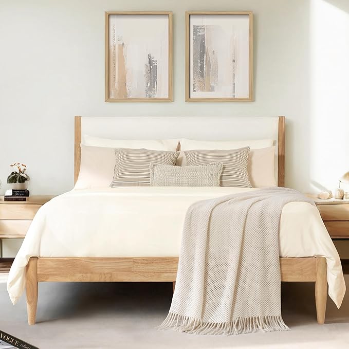 KISLOT Wood Bed Frame with Upholstered Headboard Wooden Platform with Silent Slat Support Mattress Foundation No Box Spring Needed, Easy Assembly