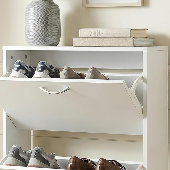 HOPUBUY Shoe Cabinet for Entryway, White Narrow Shoe Storage Cabinet with 3 Flip Drawers, Wood Slim Shoe Rack, 3 Tier Thin Shoe Organizer for Home and Apartment