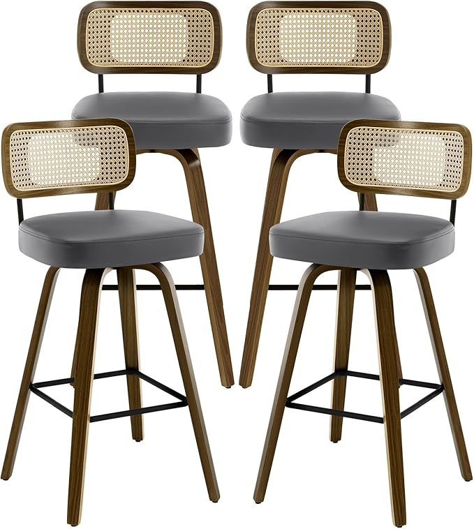Bekrvio Swivel Bar Stools Set of 4, Upholstered Faux Leather Barstools with Rattan Back, 29" Seat Height Bar Chairs for Kitchen Island, Bentwood Wood Frame, Grey