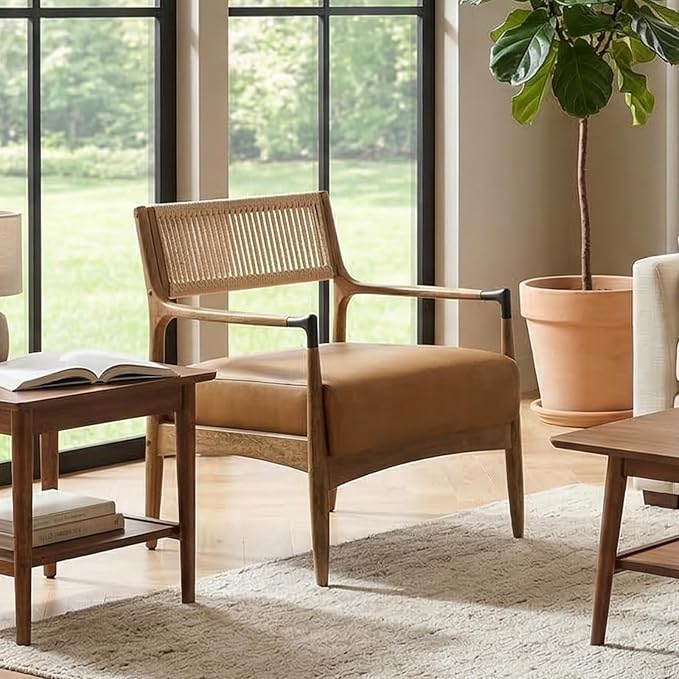 Ya-Home Mid-Century Modern Accent Chairs with Woven Rope Back, Upholstered PU Leather Armchairs with Solid Wood Frame for Living Room Bedroom,2PCS, Brown