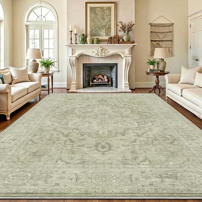 Homemate Washable Rug 8x10 Area Rugs - Vintage Faux Wool Rugs for Living Room Bedroom Dining Room - Non Slip Foldable Carpet Indoor Area Rug for Home Decor（8'x10', Green