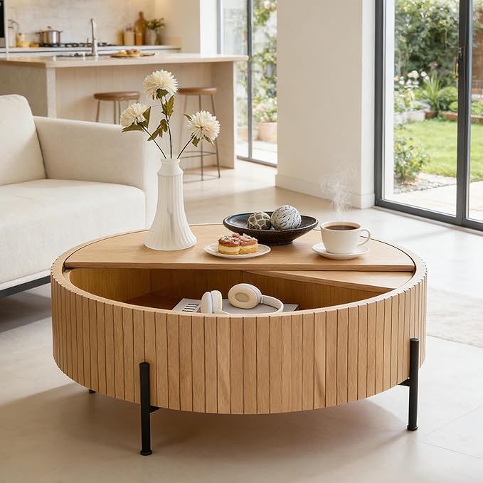Modern 31.5” Round Coffee Table, Small Center Table with Large Built in Storage, MDF Wood Side Table, Dinning Table for Living Room, Apartment, Small Space.(Natural)