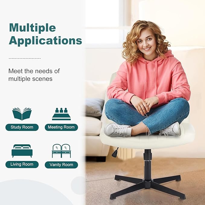OLIXIS Criss Cross Legged Chairs Armless No Wheels Wide Seat Height Adjustable Swivel Padded PU Leather Home Office Desk Seating for Bedroom, Student, Study Room