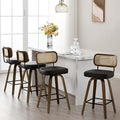 Bekrvio Swivel Counter Height Bar Stools Set of 4, Upholstered Faux Leather Barstools with Rattan Back, 26" Seat Height Bar Chairs for Kitchen Island, Bentwood Wood Frame, Black