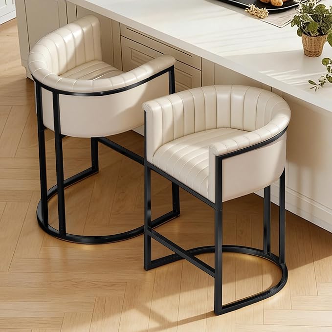 Modern Counter Height Bar Stools,Bar Stools Set of 2,PU Leather Upholstered Barrel Barstools with Backs and Arms,26'' Kitchen Island Chairs,Metal Black Frames,Beige White