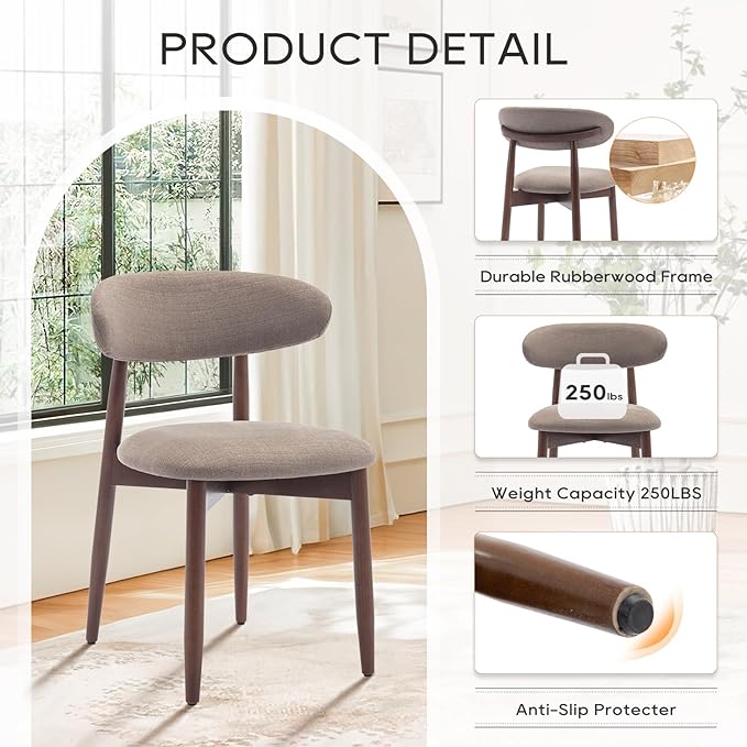 COLAMY Wooden Dining Chairs Set of 4, Modern Fabric Upholstered Dining Room Chair, Farmhouse Kitchen Chairs with Foot Pegs, Camel