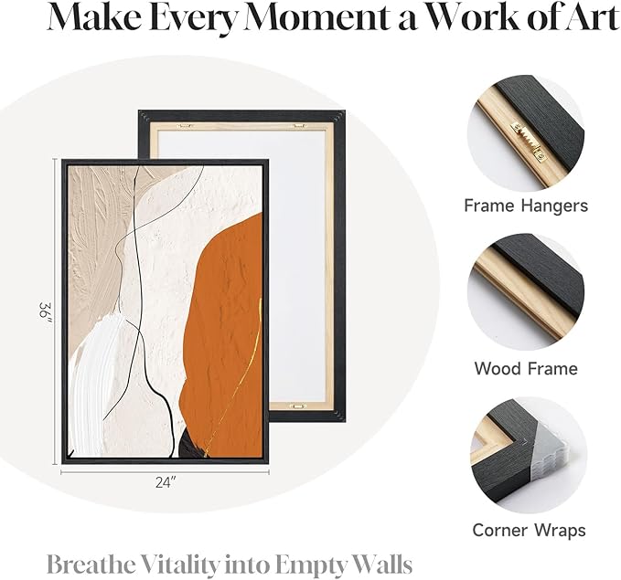 Framed Orange Abstract Wall Art for Living Room, 3 Piece Modern Minimalist Canvas Print Artwork for Walls, Large Neutral Abstract Paintings Picture for Bedroom Office Dining Room Wall Decor, 24x36 In