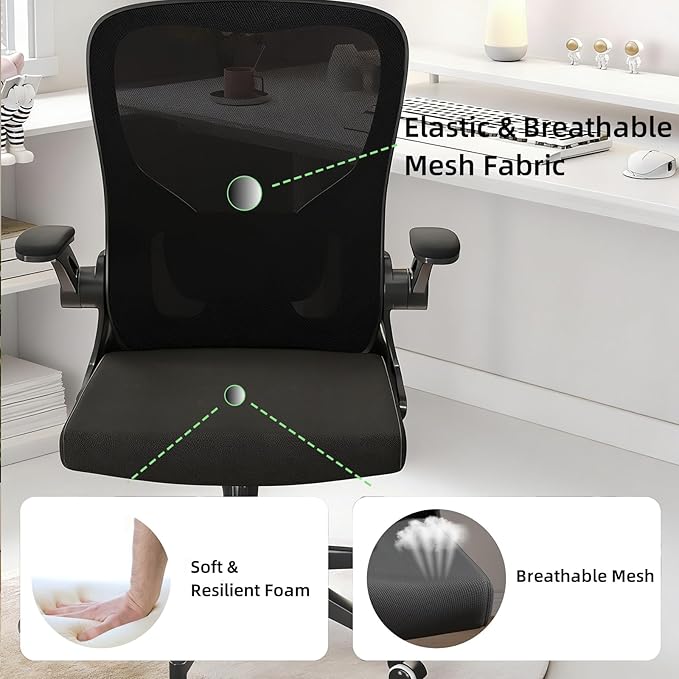 Ergonomic Office Chair, High-Back Mesh Computer Desk Chair with Adjustable Height, Lumbar Support, Flip-Up Armrests,and Swivel Rolling Design for Home and Office Use