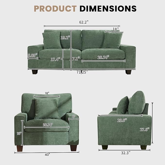 DOPEDIO Modern Living Room Sofa Set, 71.25" Chenille Loveseat with 2 Accent Chairs, Removable Covers, Spring Cushions, Solid Wood Frame, Easy Assembly（71.25inch+2 Single,Green）