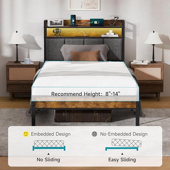 Easy Assembly Twin Bed Frame with LED Light &Charging Station, Metal Platform Bed with 2-Tier Shelves & Under Bed Storage, Upholstered Headboard&Footboard,No Box Spring Needed,Noise Free,Vintage Brown