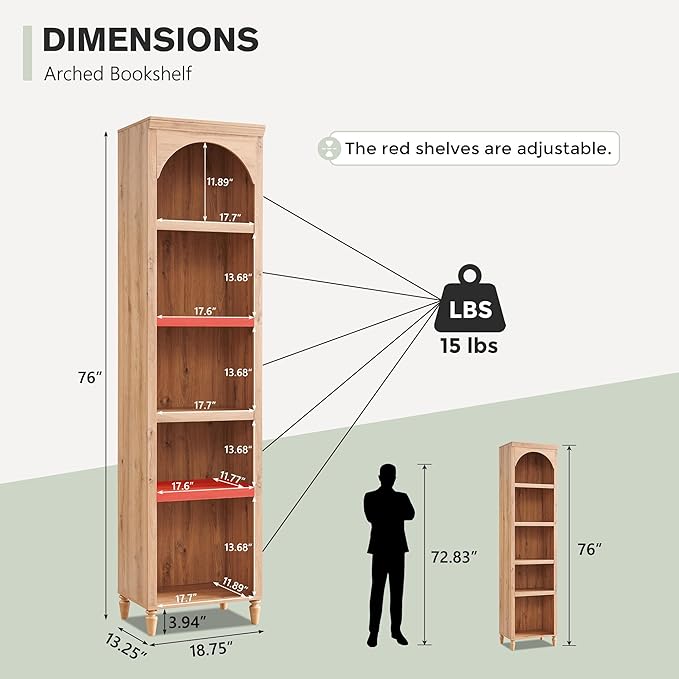 IFGET 76" Tall Arched Bookcase, Farmhouse 5 Tiers Narrow Arched Bookshelf Cabinet with Adjustable Shelves, Modern Wooden Book Shelf w/Storage and Open Display Shelves for Living Room, Office-Natural