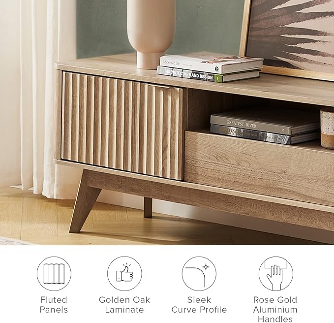 mopio Brooklyn Mid-Century Modern TV Stand, for TVs up to 50” / 59" Waveform Panel, Sleek Curved Profile with Adjustable Shelf and Sturdy Box Frame Leg (Golden Oak, 47")