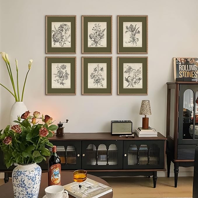 Vintage Floral Wall Art Sketch Flower Prints Antique Botanical Canvas Wall Art Decor Vintage Etchings Floral Poster Green Botanical Painting Sage Green Artwork for Bedroom 12x16x6 Inch Unframed