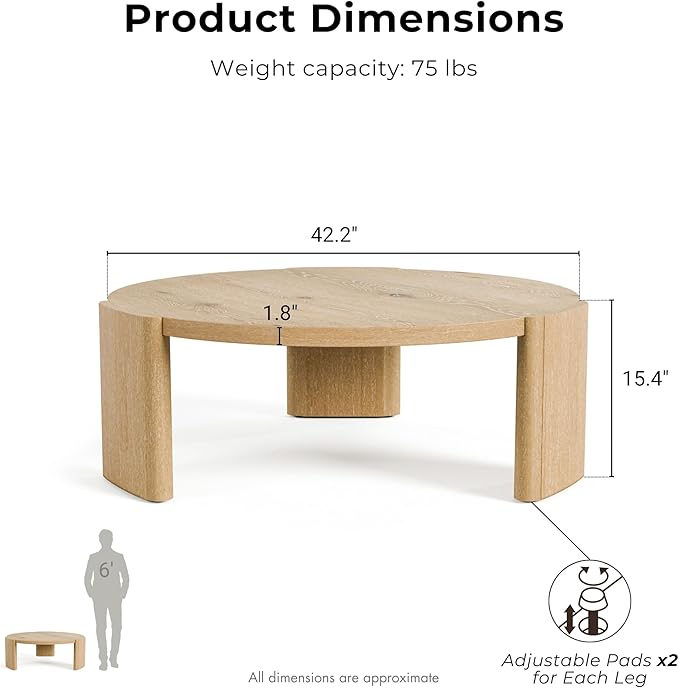 Furniture of America Carys Modern Solid Wood 42-inch Round Coffee Table with Plinth Base, Living Room Furniture, Home Office, Oak