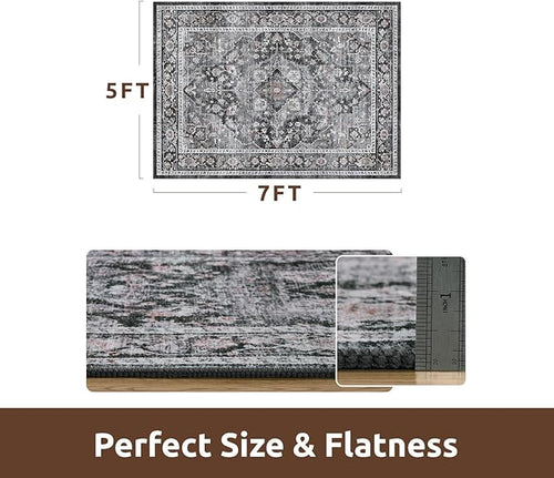 AMOAMI-Area Rug 5X7 Rugs for Living Room-Vintage Soft Black Rugs for Bedroom-Non Slip Carpet-Machine Washable Rug for Dining Room Living Room Bedroom Office Under Table Dark Grey & Black
