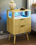 JOONEE Nightstand with Charging Station and LED Lights,Modern Bedside Table with 2 Storage Drawer and Open Wood Shelf, for Bedroom and Small Spaces,Night Stand with Solid Wood Legs (Yellow Oak)