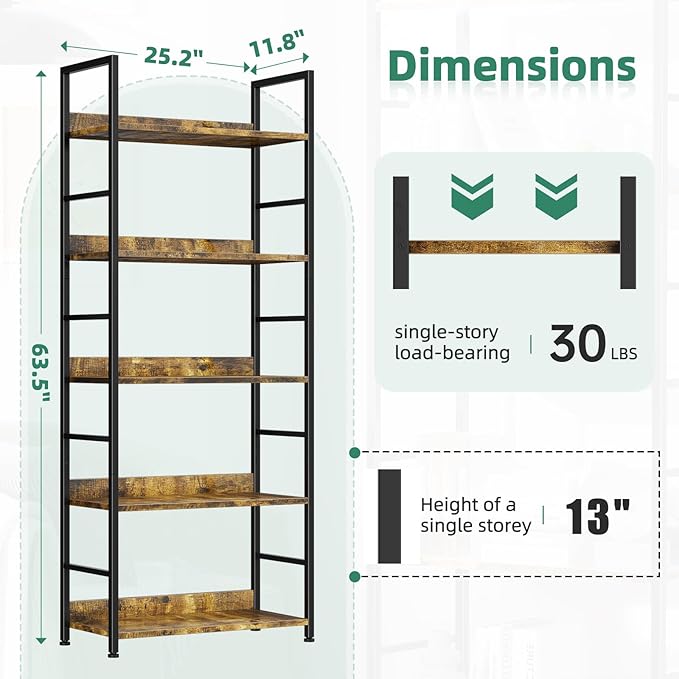Ekisemio Bookshelf, 5 Tier Industrial Bookcase, Vertical Tall Bookshelf, Wood and Black Metal Open Shelves, Farmhouse Storage Rack for Living Room, Home Office, Bedroom, Rustic Brown