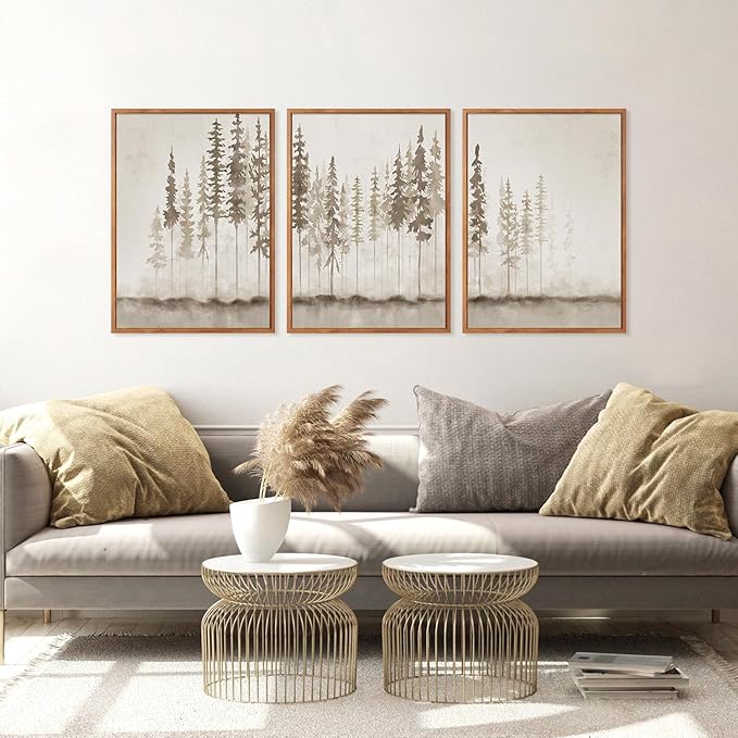 HPINUB Large Misty Forest Framed Canvas Wall Art Set, (Set of 3,12X16 Inch) Modern Foggy Pine Tree Wall Decor, Nature Landscape Wall Painting, Abstract Foggy Forest Art Print for Living Room, Office