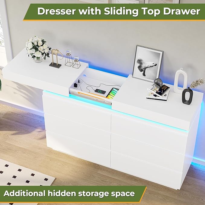 DICTAC Modern 6 Drawers White Dresser with Sliding Desktop, Wide Chest of Drawers with Charging Station & LED Lights, Large Storage Tower Clothes Organizer, White Dresser for Bedroom