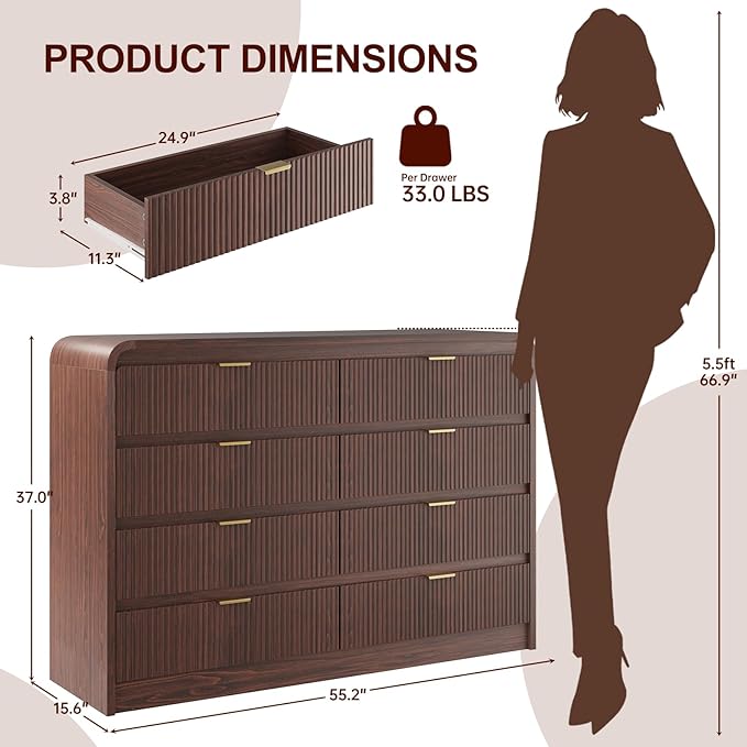 FURSUN Fluted 8 Drawers Dresser for Bedroom, 55" Wide Wooden Dresser with Metal Handle, Curved Profile Design, Modern Storage Organizer for Bedroom, Living Room, Hallway, Dark Walnut