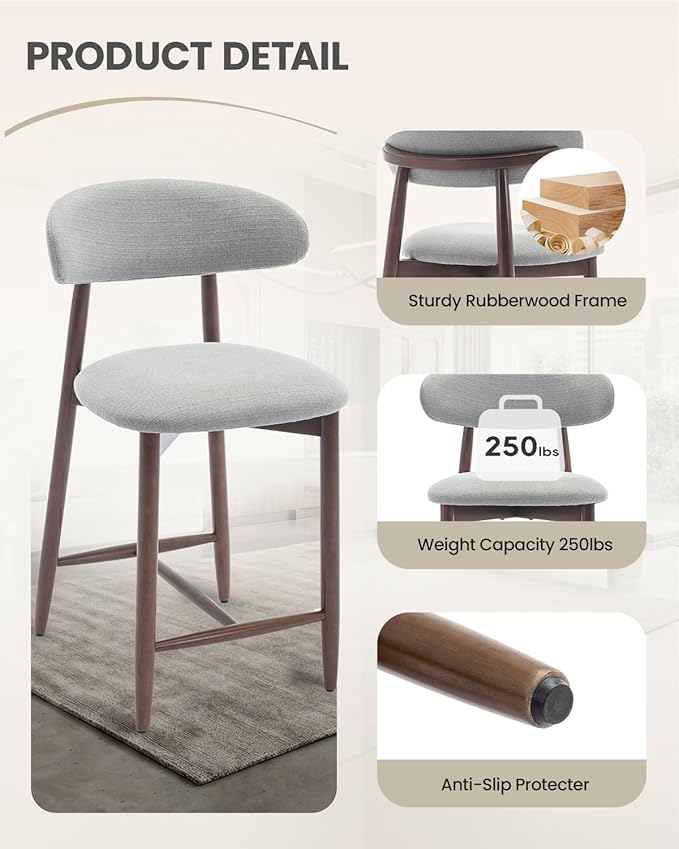 Bar Stools Set of 4, 25.6″ Counter Height Bar Stools with Wood Legs, Upholstered Modern Kitchen Barstools for Kitchen Island Dining Room Bar, Light Grey