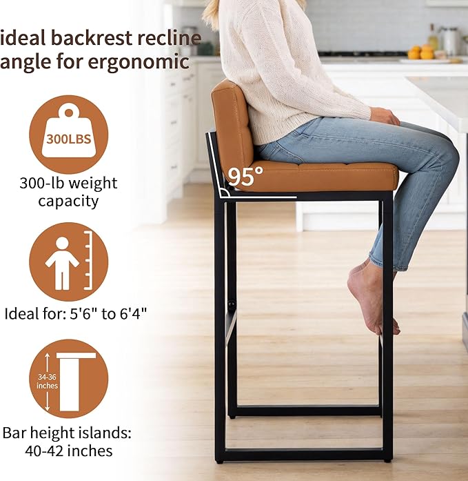 FIRAVOE Bar Stools Set of 4, Upholstered Bar Height Barstools with Back and Thickened Metal Frame, Modern 30-inch Tall Bar Chairs for Kitchen Island, Bar, Counter (Caramel Brown, 4Pcs 30" Bar Stools)