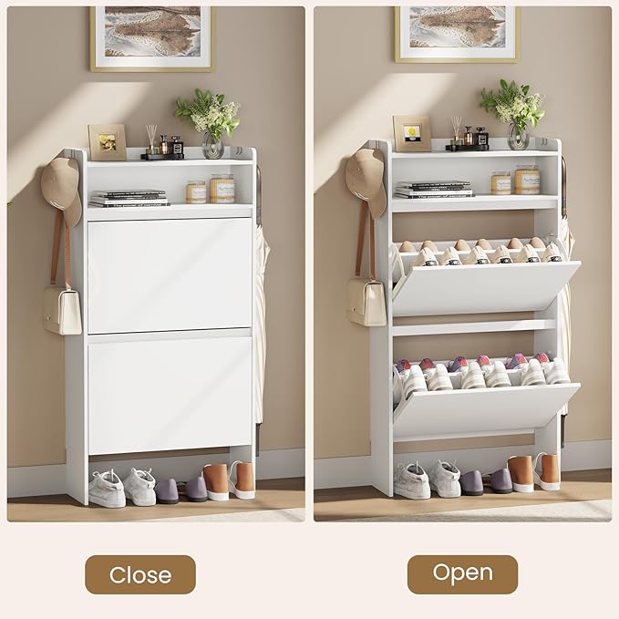 Shoe Cabinet Organizer with 2 Flip Drawers，Freestanding Shoe Rack Cabinet，Narrow Shoe Cabinet Storage for entryway, Foyer, Hallway, White, 23.6" W