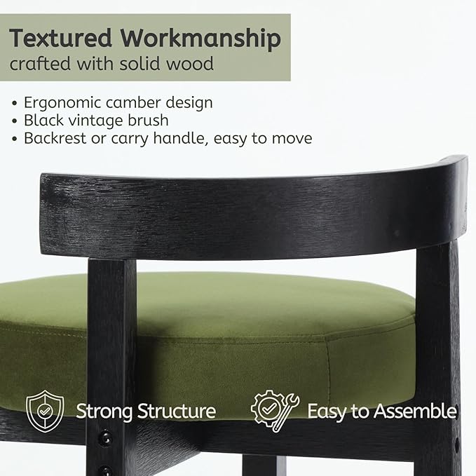 LukeAlon Mid Century Velvet Counter Stools Set of 2, Upholstered 26.5” Seat Height Low Barstools with Black Wood Legs Retro Round Kitchen Stools with Footrest for Dining Room Bar Coffee Shop, Green