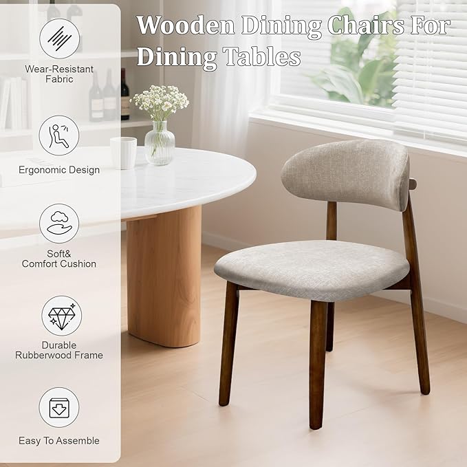 Farmhouse Dining Chairs Set of 4, Mid Century Modern Fabric Upholstered Kitchen Chairs, Wooden Dining Room Chair with Curved Back for Kitchen Dining Room Restaurant Cafe, Warm Gray (Only Chairs)