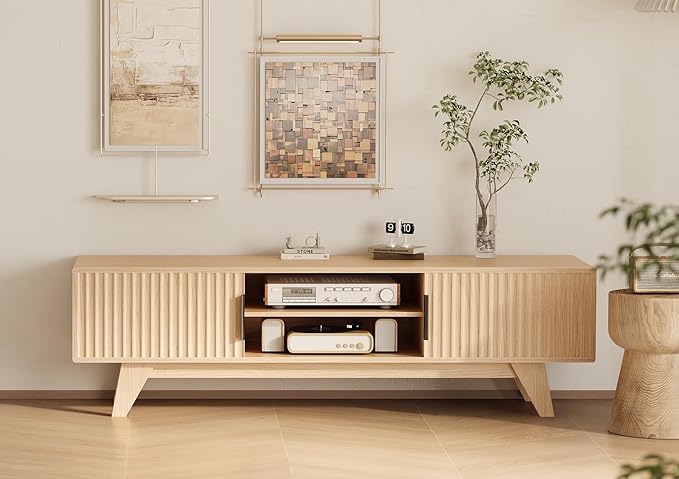 Claiks Mid-Century Modern TV Stand for 65 inch TV, Wood Fluted TV Stand with Storage and Adjustable Shelves, Low Profile TV Console for Living Room, Oak