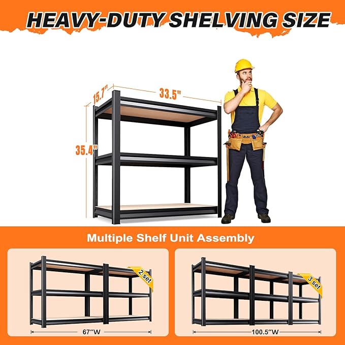 3T Storage Shelves, Garage Shelving,Adjustable Heavy Duty Shelving Unit,Garage Shelves，Wood Metal Standing Shelf Units,Utility Rack for Kitchen 2Pack