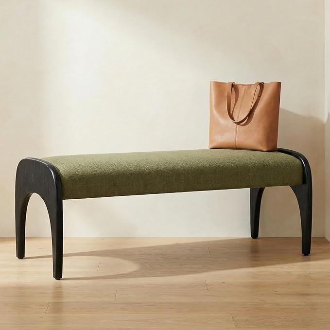 LukeAlon Extra Long 51-Inch Upholstered Storage Bench with Green Linen Fabric & Black Rubber Wood Legs for Kitchen Table, Bedroom, Entryway