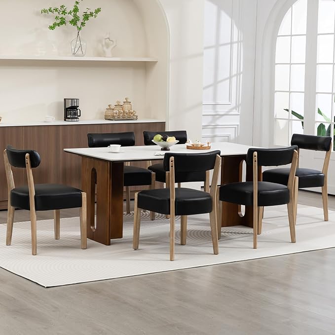 ZJhome Modern Dining Chairs Set of 6 – Mid-Century Modern Faux Leather Upholstered Kitchen & Dining Room Chairs with Curved Back, Oversized Rounded Seat, Sturdy Wood Frame, Black
