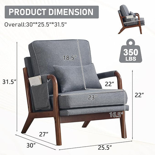 ANJ Mid Century Modern Accent Chair Set of 2, Lounge Reading Armchair with Extra Side Pocket & Detachable Cushion, Comfy Fabric Accent Chairs for Living Room, Bedroom, Grey