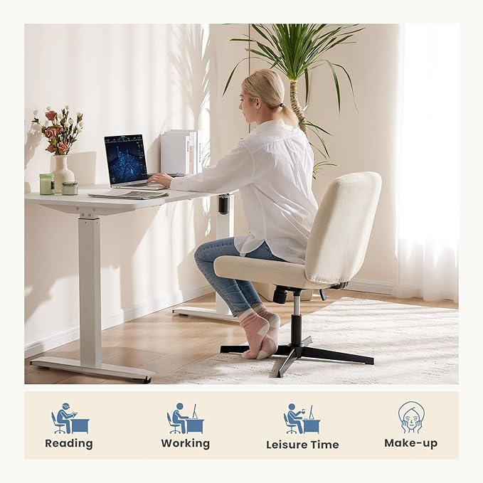 DUMOS Criss Cross Chair Legged Office Wide Comfy Desk Seat, No Wheels Armless Computer Task Seating, Swivel Comfy Vanity Fabric Modern Home Height Adjustable