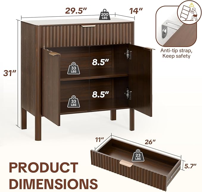 Fluted Buffet Cabinet with Storage - Modern Sideboard Accent Credenza with Doors & Drawer Wood Console Coffee Table Bar Counter for Living Room Kitchen Dining Room Entryway, Easy Assembly 31" Walnut