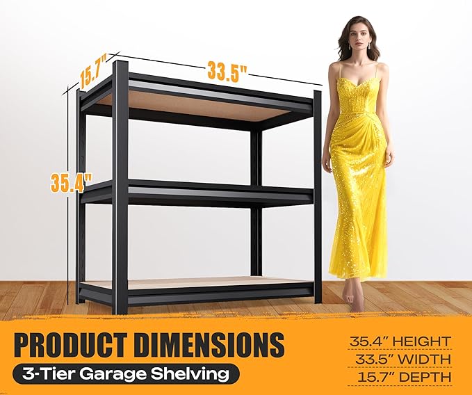 Set of 3 Garage Shelving Heavy Duty Storage Shelves, Metal Adjustable Shelving Unit, Utility Garage Organizer Shelf for Basement, Pantry, Kitchen, Warehouse, 15.7" Dx33.5 Wx35.4 H, Black
