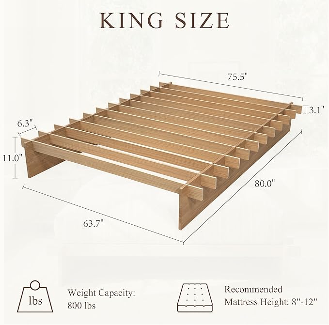 XIAO WEI King Wood Platform Bed Frame, King Size Bed Frame with Wood Slat Support, Japanese Joinery with 8" Under-Bed Storage, No-Tool Assembly, No Box Spring Needed, Noise Free, Natural