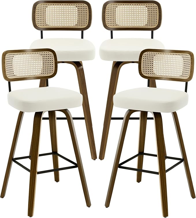 Bekrvio Swivel Bar Stools Set of 4, Upholstered Faux Leather Barstools with Rattan Back, 29" Seat Height Bar Chairs for Kitchen Island, Bentwood Wood Frame, Cream White