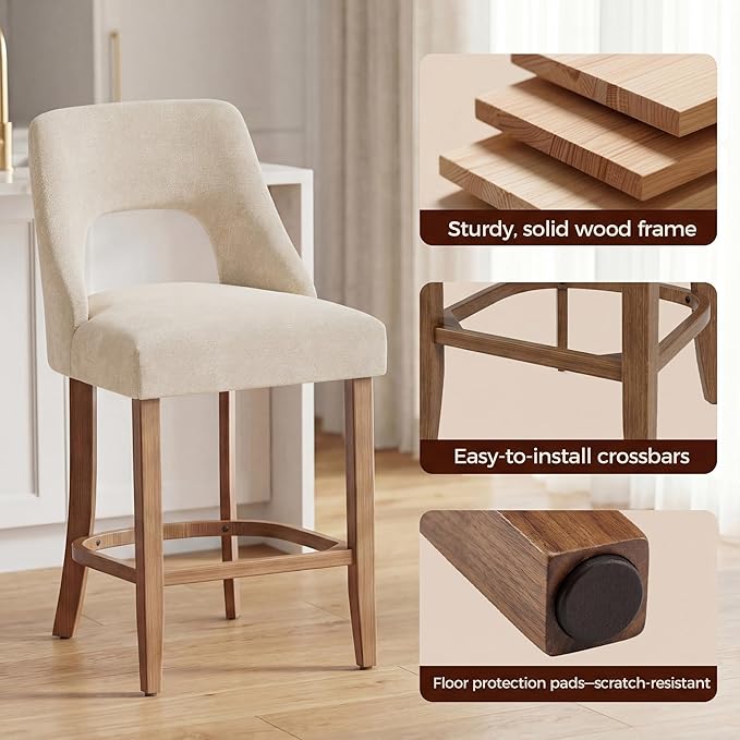 UVV Bar Stools Set of 2, Upholstered Counter Height Bar Stools, Modern Counter Stools with Wood Legs for Kitchen Island Dining Room Bar, Beige