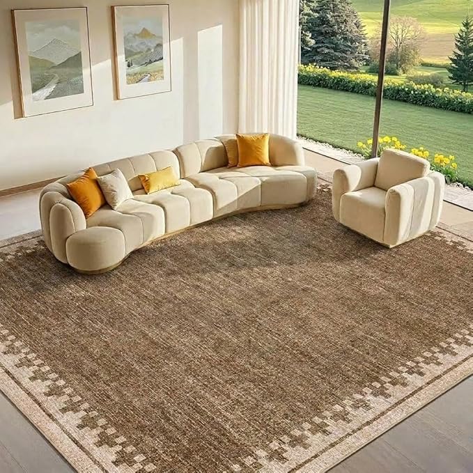 GarveeHome 5x7 Area Rug Washable Living Room Non Slip Modern Border Large Bedroom Throw Carpet Soft Stain Resistant Geometric Dining Room Rug Low Pile Cross Carpets for Nursery Dorm Home Office, Brown