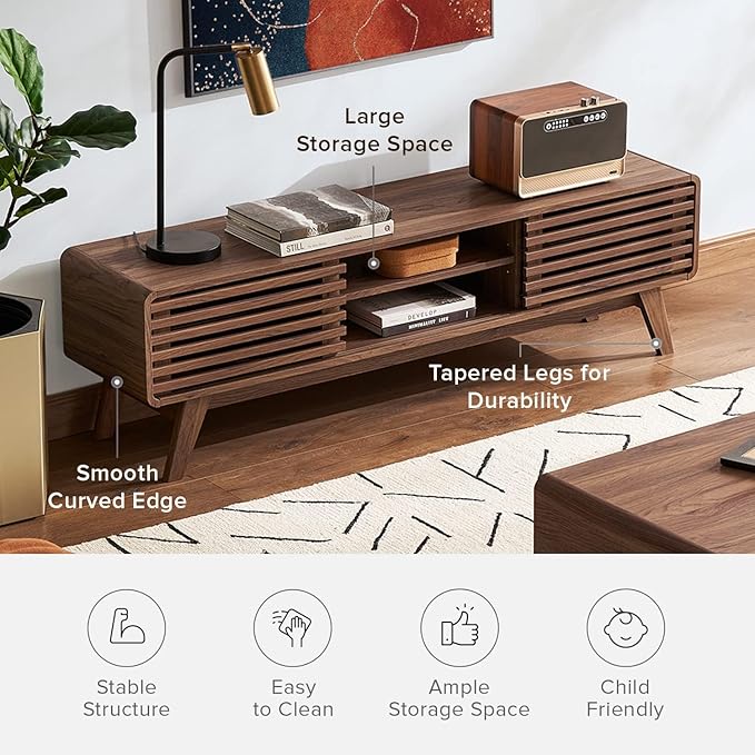 mopio Ensley TV Stand, Mid Century Modern Television Console for 55/60/65 inch TV, Farmhouse TV Stand, Entertainment Center with Storage, TV and Media Console for Living Room (Walnut, 59")