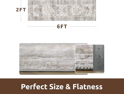 AMOAMI-2X6 Runner Rug-Washable Runners for Hallways-Soft Non Slip Bedside Rugs for Bedroom-Vintage Long Rug for Hallways Entryway Laundry Room Stair Kitchen Bathroom Grey