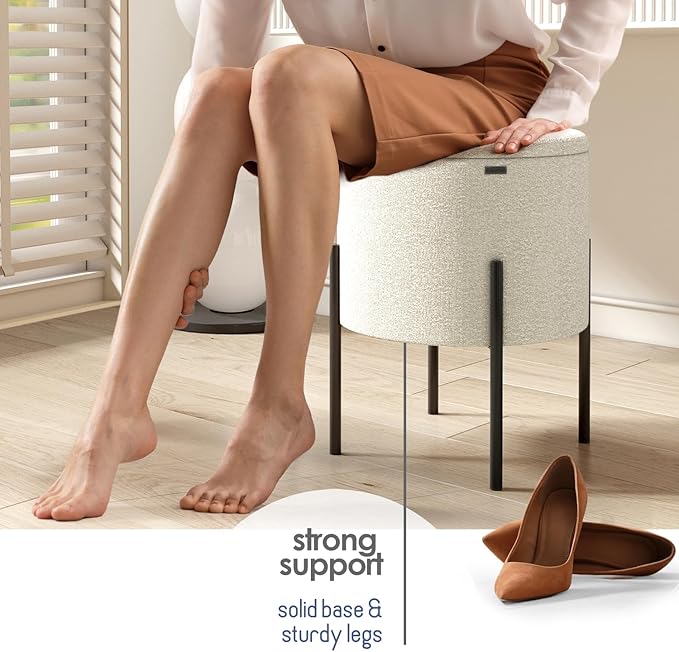 STORAGEBUD Round Ottoman with Storage, Boucle Storage Ottoman, Foot Stool Ottoman, Makeup Vanity Stool, Small Ottomans Foot Rest, Modern Ottomans for Living Room and Bedroom, Cream