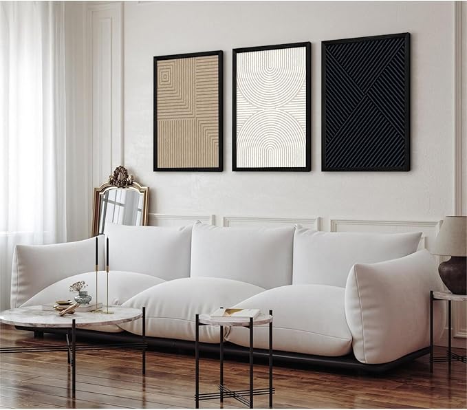 Abstract Modern Wall Decor Art Set of 3 Boho Neutral Canvas Wall Art Beige Minimalist Line Wall Art Decor Brown Black Art Modern Abstract Prints Pictures for Living Room Bedroom 12x16 Inch Framed