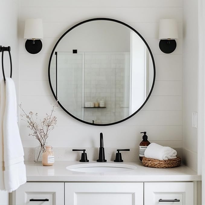 Oruii Round Mirror 28 inch, Black Round Mirror, Large Circle Mirrors Metal Frame, Black Circle Mirrors for Wall, Bathroom, Living Room, Dining Room, Entryway, Hallway, Bedroom