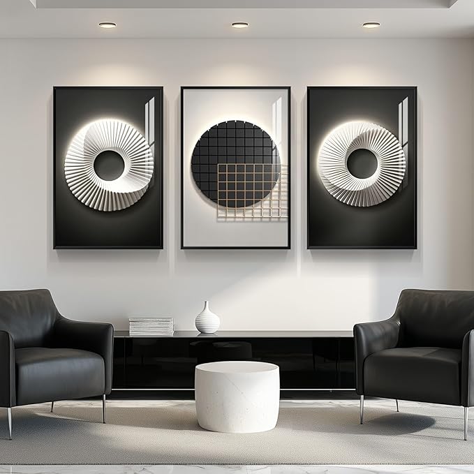 Framed Large Modern Black and White Wall Art for Living Room, 3 Piece Abstract Bright Style Picture Artwork Decor, Minimalist Geometric Painting Prints for Dining Room Hallway Office 24x36 Inch